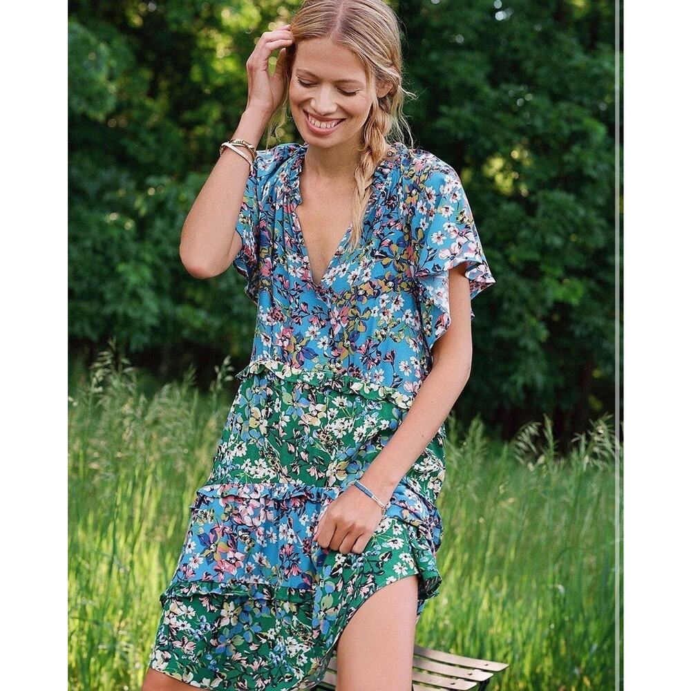 Anthropologie Womens Blue Floral Boho Robin Tiered Mini Dress XS